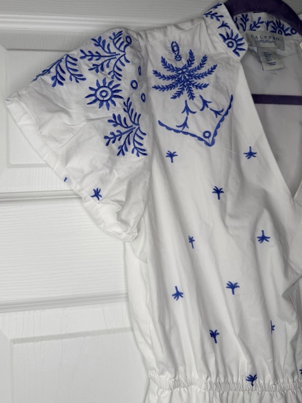 CALYPSO ST BARTH BLUE AND WHITE EMBROIDERY V-NECK MAXI DRESS M NWT - Picture 12 of 15